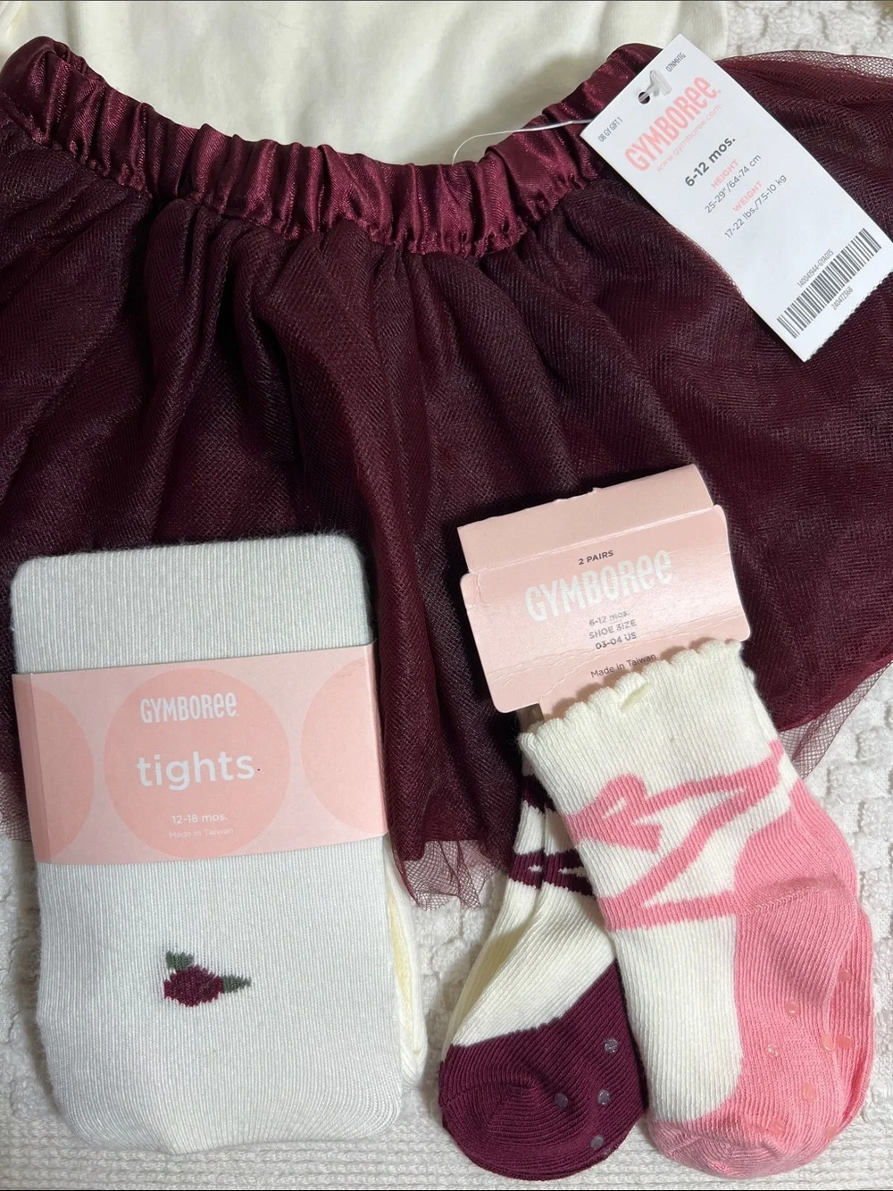 Gymboree Cream Top with Burgundy Tulle Skirt 4 Piece Set
